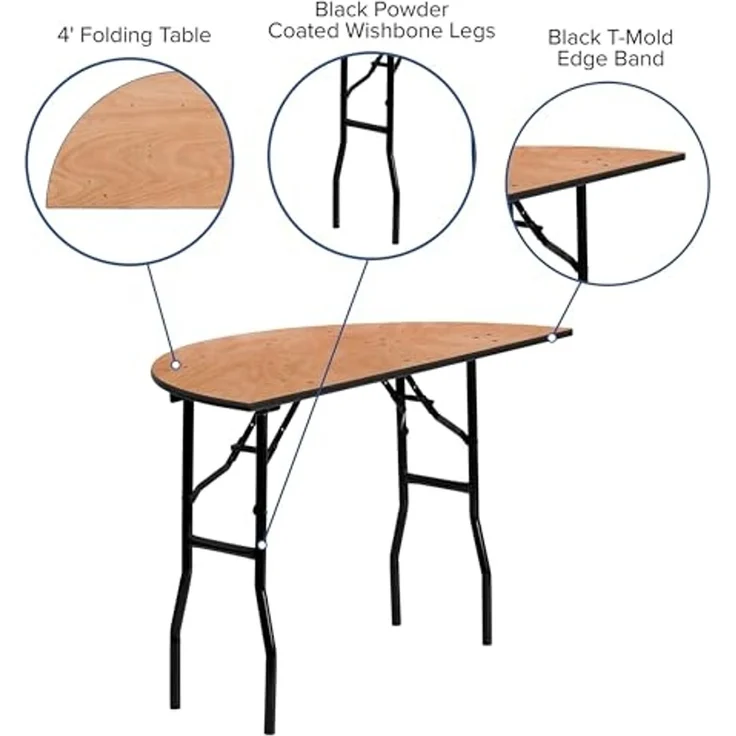 Flash Furniture Furman 1,2 m Halbrunder Allanlass-Holz-Klapptisch Event-Tisch, faltbar, tragbar, halbrund, Banketttisch mit Holzplatte, Natur/Schwarz – Bild 4