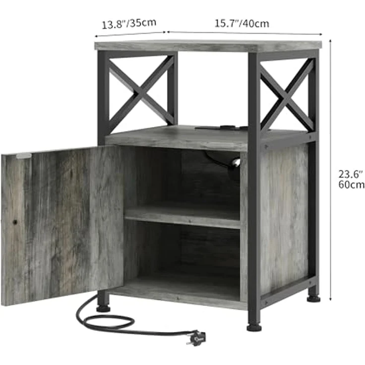 YITAHOME Beistelltisch, Nachtschrank mit Kabinett, X-förmiger Wohnzimmertisch mit Ladestation, 2 USB-Anschlüssen und Steckdosen, Nachtkonsole, Metallgestell, 40 x 35 x 60 cm, Grau – Bild 3