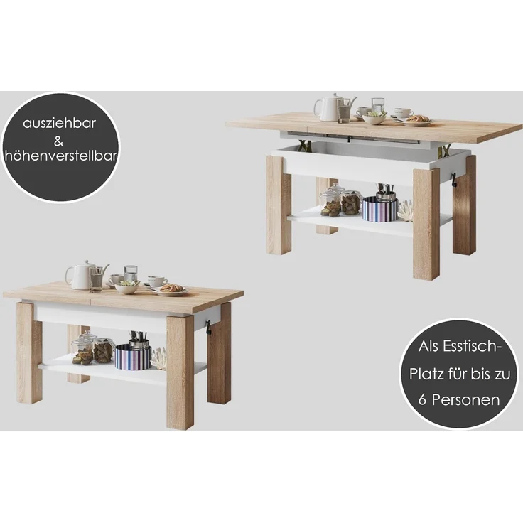 designimpex Couchtisch Couchtisch Astoria Weiß Hochglanz höhenverstellbar ausziehbar Esstisch, Funktionstisch, Wohnzimmertisch, Tisch, Esstisch, Sofatisch – Bild 4