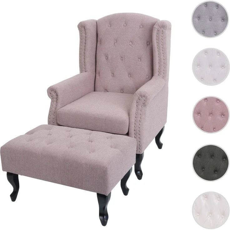 Sessel Chesterfield, Relaxsessel Clubsessel Ohrensessel, wasserabweisend Stoff/Textil ~ hellrosa mit Ottomane – Bild 10