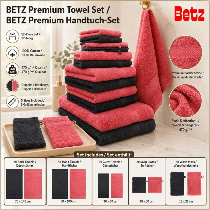 Betz Handtücher Premium Handtuch-Set 12-tlg, 100% Baumwolle (Set, 12-St), Duschtücher,Handtücher, Gästetücher, Seiftücher,Waschhandschuhe – Bild 2