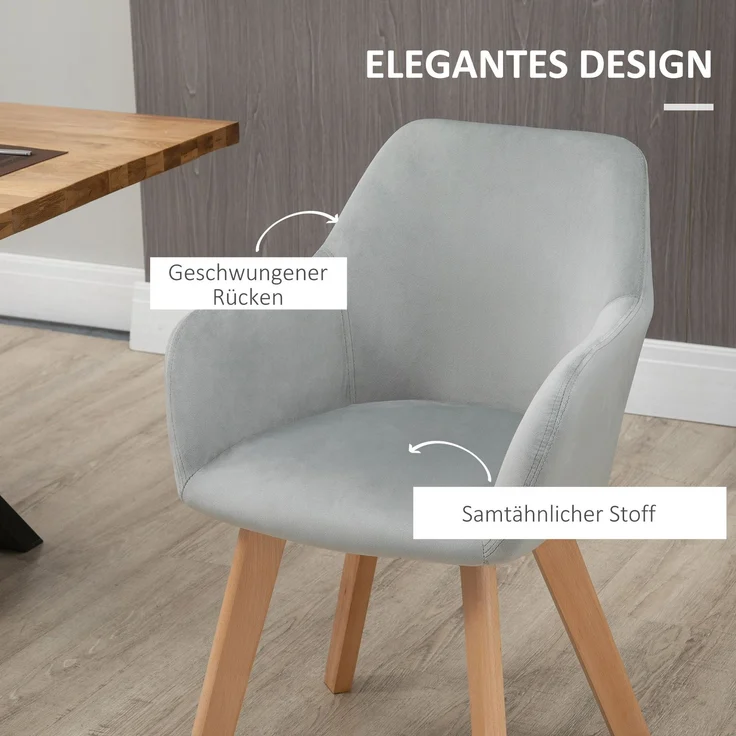HOMCOM Esszimmerstuhl, Samt(100% Polyester), Gummiholz, Grau, 54L x 57B x 80H cm – Bild 5
