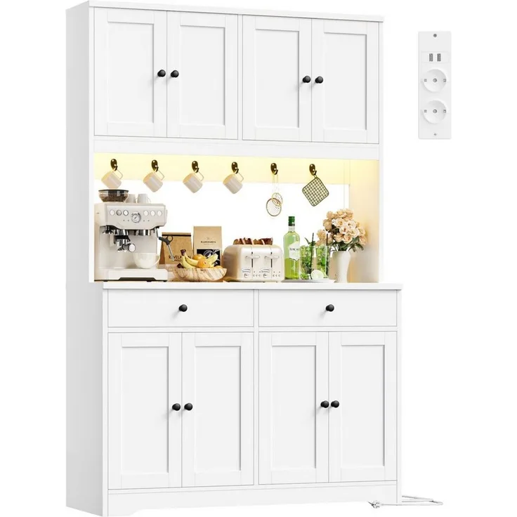 Homfa Küchenbuffet Küchenschrank Buffetschrank mit LED und Steckdosenleiste Sideboard mit Arbeitsplatte, 8 Türen und 2 Schubladen 178x106x38cm