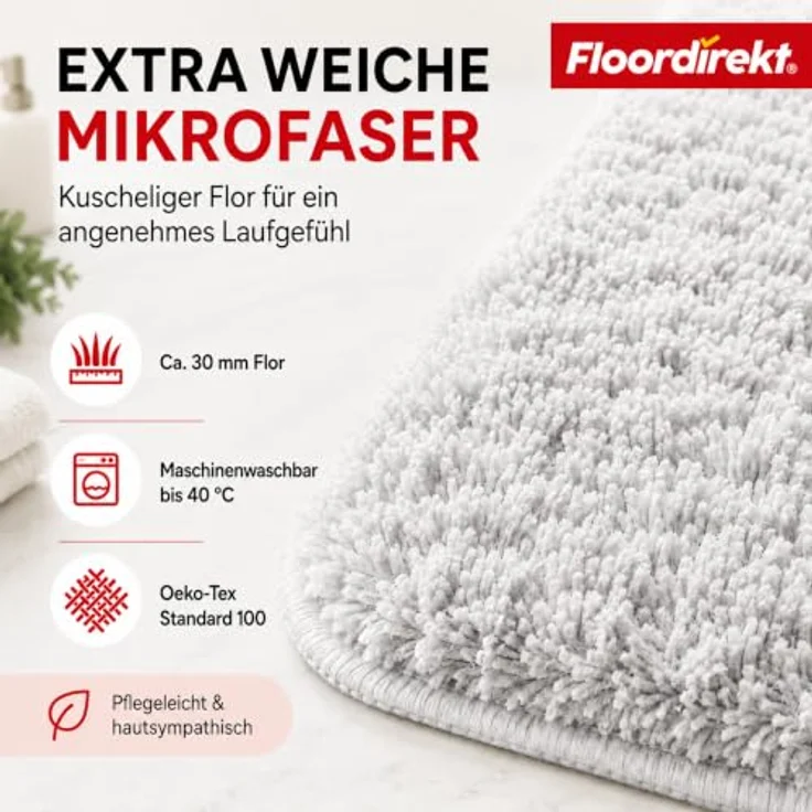 Floordirekt Badematte Sky - Hochflor Badezimmerteppich, rutschhemmend & schnell trocknend, für Fußbodenheizung, Eckig & Rund (50 x 80 cm, Weiß) – Bild 5
