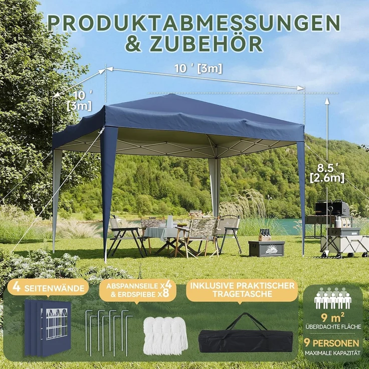 Aoxun Pop Up Pavillon 3x3 Wasserdicht mit 4 Seitenwänden, Metallrahmen-Schutzzelt, Höhe Verstellbar, 3mx3m Faltpavillon mit Tragetasche für Camping Party, Blau – Bild 2