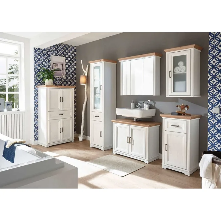 JASMIN Badezimmer Hochschrank in Pinie hell, Artisan Eiche Optik - Landhausstil Badezimmerschrank mit viel Stauraum - 48 x 190 x 43 cm (B/H/T)