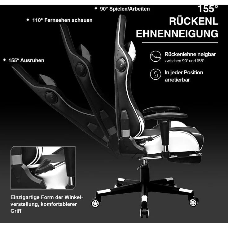 GTPLAYER Gaming Stuhl Gamer Stuhl mit Fußstütze Bluetooth Lautsprecher Ergonomischer Bürostuhl Computerstuhl Schreibtischstuhl PC Stuhl mit verstellbare Rückenlehne 150 kg Belastbarkeit weiß – Bild 7