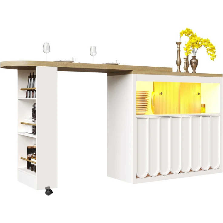 Merax Ausziehbarer Bartisch mit Stauraum(135-205×39×100cm) , Moderner Beweglicher Bar Table, Teleskopischer Bartisch mit LED, Stehtisch Bistrotisch, Weiß – Bild 9