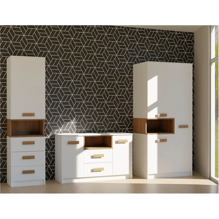 Marmex Möbel Grant Set-D Jugendzimmer Komplett-Set 3-teilig mit Kleiderschrank, Kommode, geschlossenes Regal, Kinderzimmermöbel, laminierte Spanplatte, weiß+riviera Eiche, 262,5x195x55 cm – Bild 5
