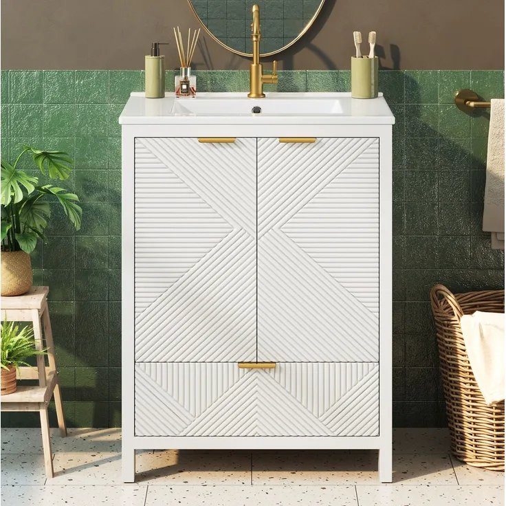 Badezimmerschrank 61 x 47 x 87 cm in Weiß mit Keramikwaschbecken und Soft-Close-Türen