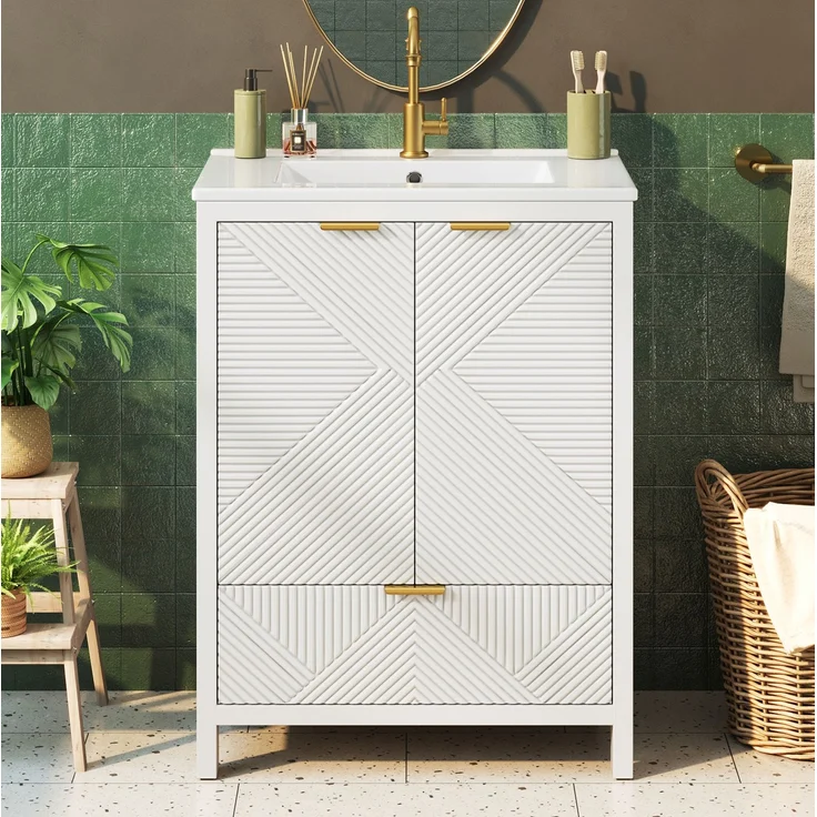 Badezimmerschrank 61 x 47 x 87 cm in Weiß mit Keramikwaschbecken und Soft-Close-Türen – Bild 1