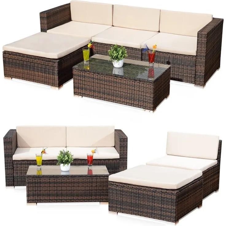 Lounge Sitzgruppe Rattanlounge Rattanmöbel Ecksofa Garten Tisch Polster braun