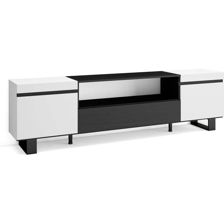 Skraut Home | TV-Schrank, Lowboard | für Wohnzimmer und Esszimmer | 200 x 57 x 35 cm | Für TV-Geräte bis zu 80" | Industriedesign | Moderner Stil | Weiß und Schwarz
