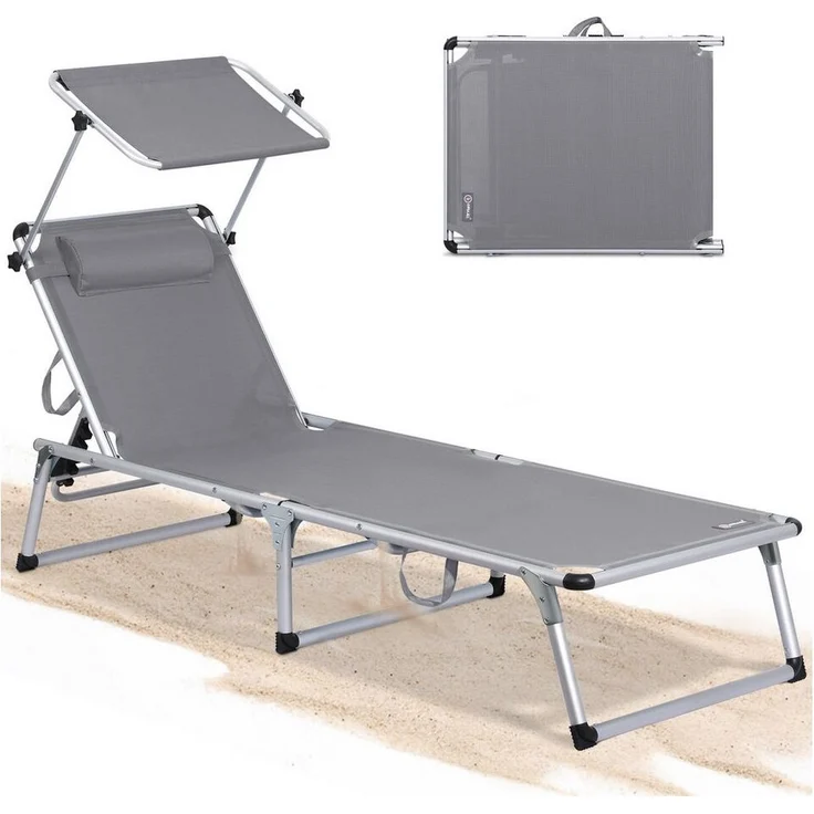 HOMECALL Gartenliege Leicht Sonnenliege Klappbar Alu Liegestuhl Strandliege, 1-tlg, 5 fach Verstellbare Rückenlehne, Sonnenschutzdach, bis 136KG – Bild 1