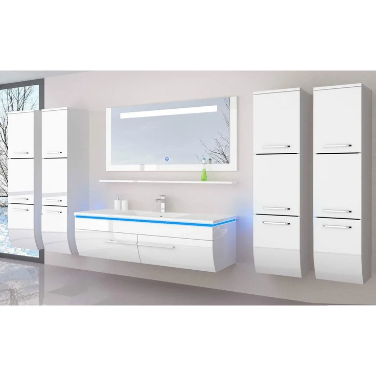 Homeline Badmöbel Set Weiss 240 cm Hochglanz Waschbecken Spiegel Komplett Bad Led System – Bild 1