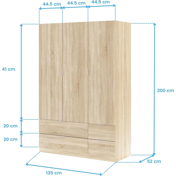 Habitdesign LCX453F - Kleiderschrank mit 3 Türen und 4 Schubladen, Schlafzimmerschrank, Maße: 200 cm (H) x 135 cm (B) x 52 cm (T) – Bild 3
