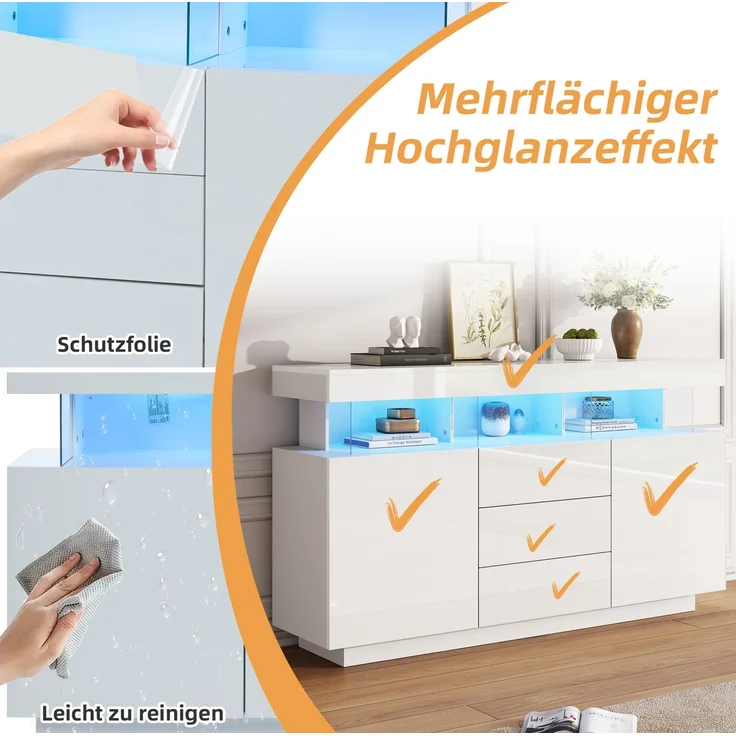DESVIAE Sideboard mit 3 Schubladen und LED-Beleuchtung, 140x80x35 cm, Spanplatte und Acryl, Weiß – Bild 5