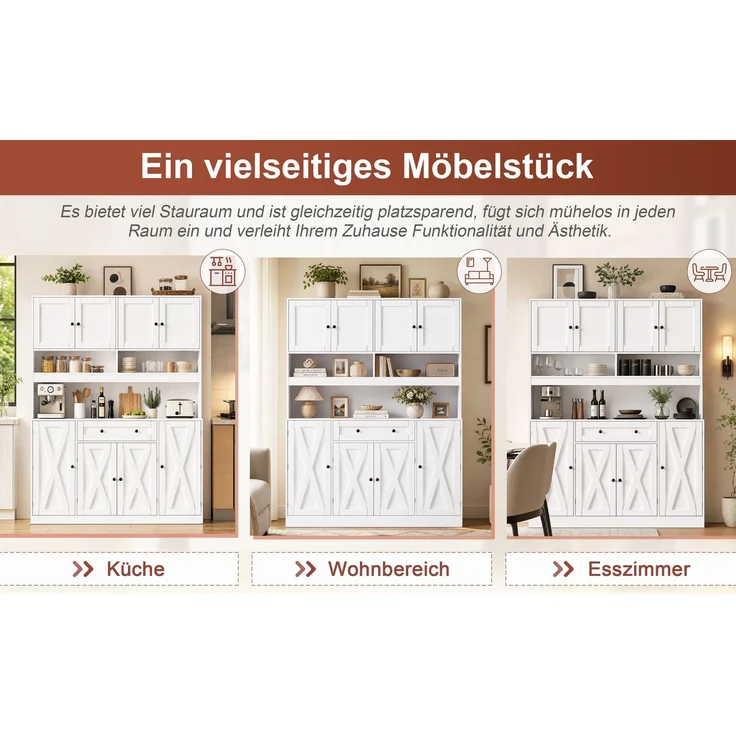ZUBALIYA Buffetschrank 140x40x185 cm, mit verstellbaren Einlegeböden, aus MDF, Weiß – Bild 23