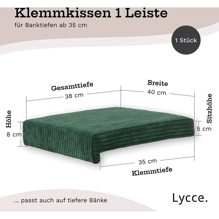 Lycce Bankauflage Klemmkissen mit Leiste - Cord, Polsterung, rutschfest Dunkelgrün 8x40x38cm – Bild 4