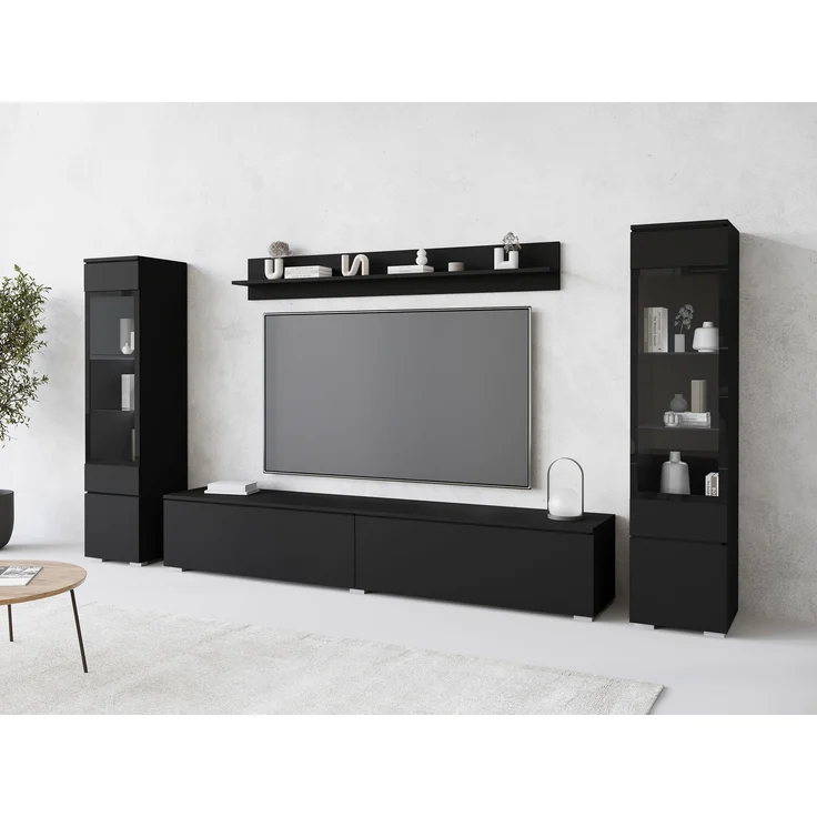 Wohnwand Doppo II, Wandregal, TV-Lowboard, 2x Hängevitrine, LED Beleuchtung (Farbe: Schwarzer Graphit) – Bild 3