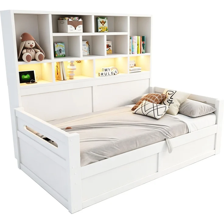 Schlafsofa aus Holz, 90 x 200 cm, Multifunktionaler Stauraum mit LED-Beleuchtung, Hydraulisches Staufach, Einzelbett, Jugendbettgestell mit Steckdosen, Weiß – Bild 10