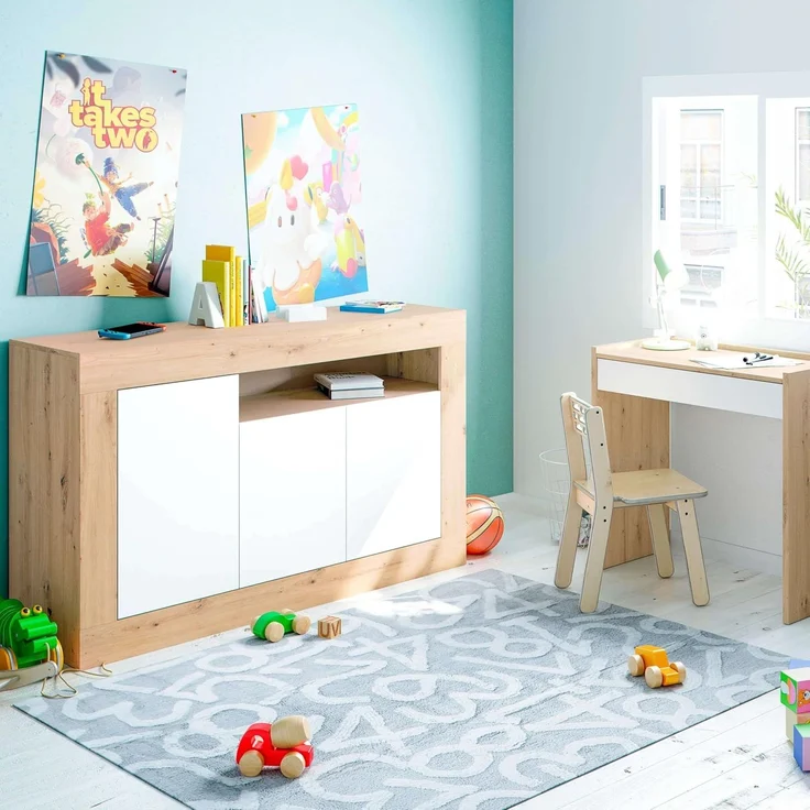 Habitdesign Anrichte mit 3 Türen, Buffet für Wohnzimmer, Beistellschrank, Modell Baltik, Weiß Artik und Nodi-Eiche, Maße: 144 cm (B) x 87 cm (H) x 42 cm (T) – Bild 2