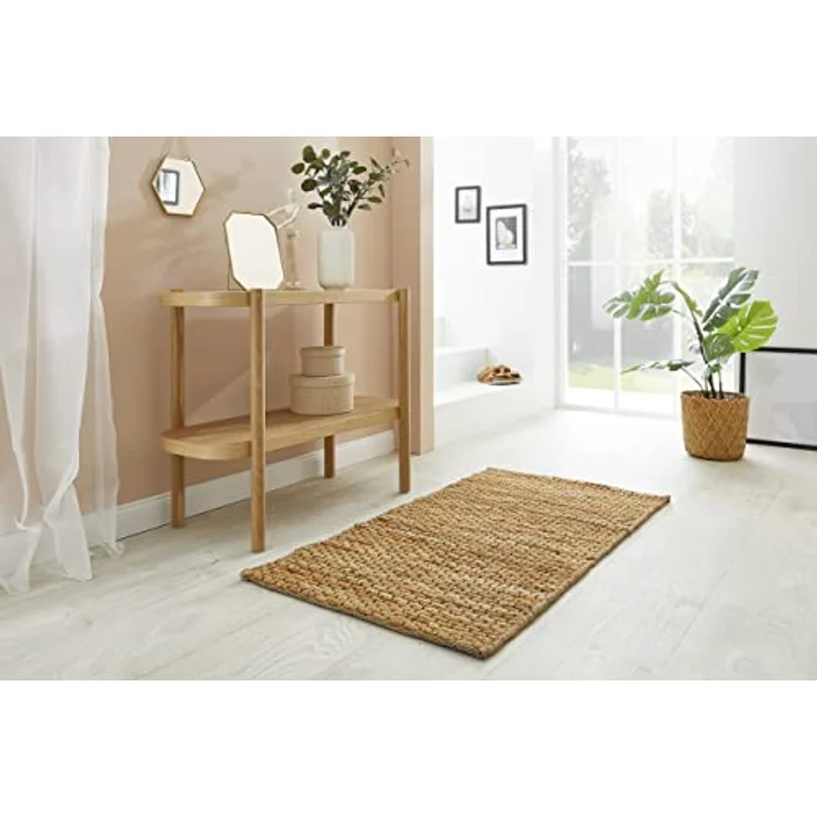Linea Natura Teppich, Uni Naturfarben, rechteckig 65x130 cm, Handmade in India, für Fußbodenheizung geeignet, strapazierfähig, vegan – Bild 2