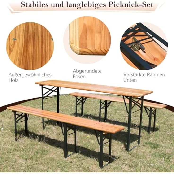 Ball & Cast Bierzeltgarnitur 3-teilig, Biertisch Klapptisch mit 2 Sitzbänken, Camping Tisch faltbar, Wetterfester Kiefer Massiv, Natur, 175 cm – Bild 2