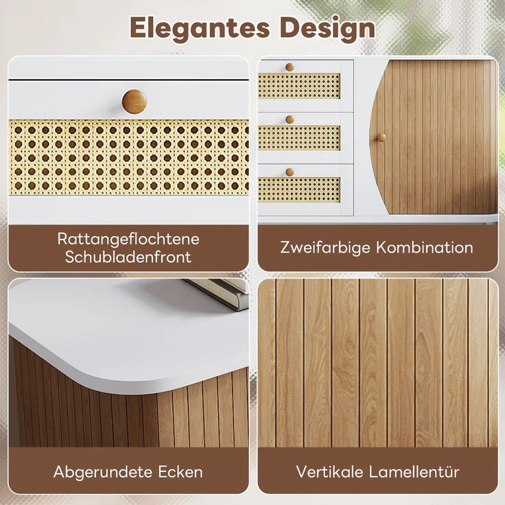 Merax Sideboard, Rattankommode, Kommode mit Schiebetüren, verstellbaren Einlegeböden, gewölbter Platte – Bild 8