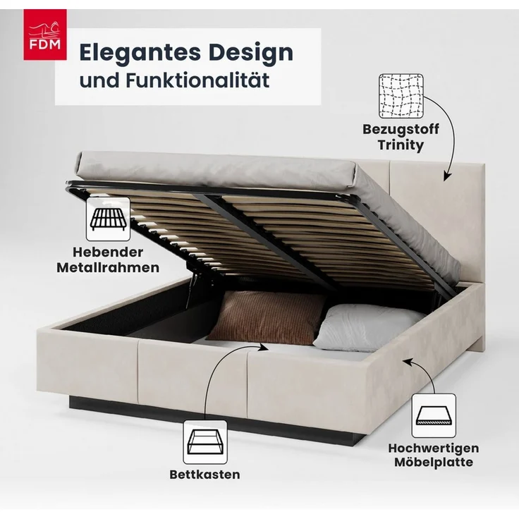 FDM Polsterbett ALMADA modern mit Bettkasten MADE IN EU - mit Trinity Velours Bezug (verfügbar 90x200 120x200 140x200 160x200 180x200cm, Bettrahmen, Bett, mit großen gepolsterten Kopfteil, mit Bettkasten zum aufklappen), Hebbarer Metallrahmen, Bettkast... – Bild 2