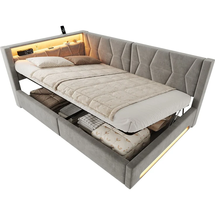 TavilaEcon Polsterbett Samtbett mit LED-Beleuchtung an Kopf- und Fußteil, USB & Type-C grau Liegefläche 140 × 200 cm – Bild 9