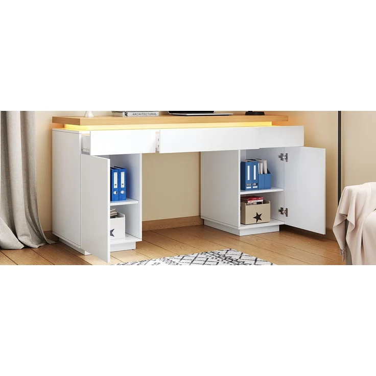 ZUBALIYA 140×50cm großer Schreibtisch,verlängerte und verdickte Tischplatte mit LED-Beleuchtung, ausgestattet mit 3 Schubladen,2 Türen und verstellbaren Einlegeböden,großer Stauraum, Schreibtisch, Schminktisch – Bild 15