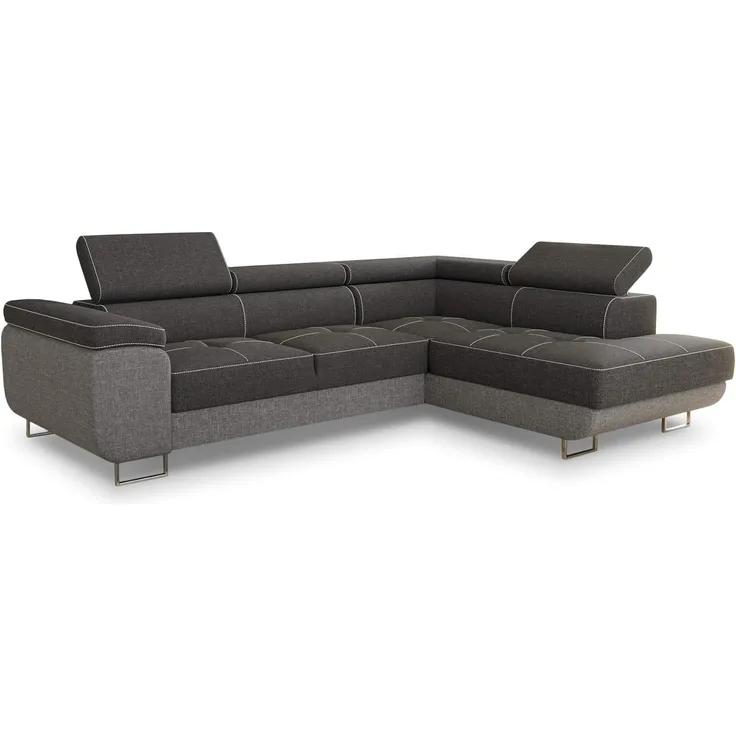 Ecksofa Caris mit Schlaffunktion, Bettkasten und einstellbare Kopfstützen (Grau + Dunkelgrau (Sawana 21 + Sawana 05), Ecksofa Rechts)