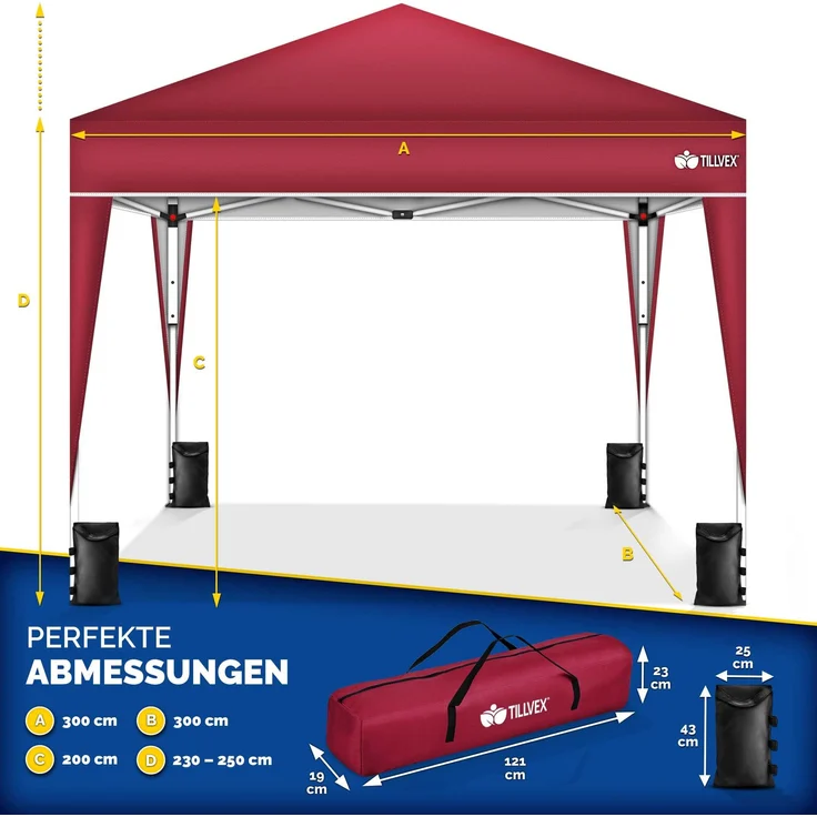 tillvex Pavillon 3x3m wasserdicht Rot | Pop-Up Faltpavillon höhenverstellbar | Gartenzelt UV Schutz 50+ | Partyzelt mit Tasche für Garten – Bild 7