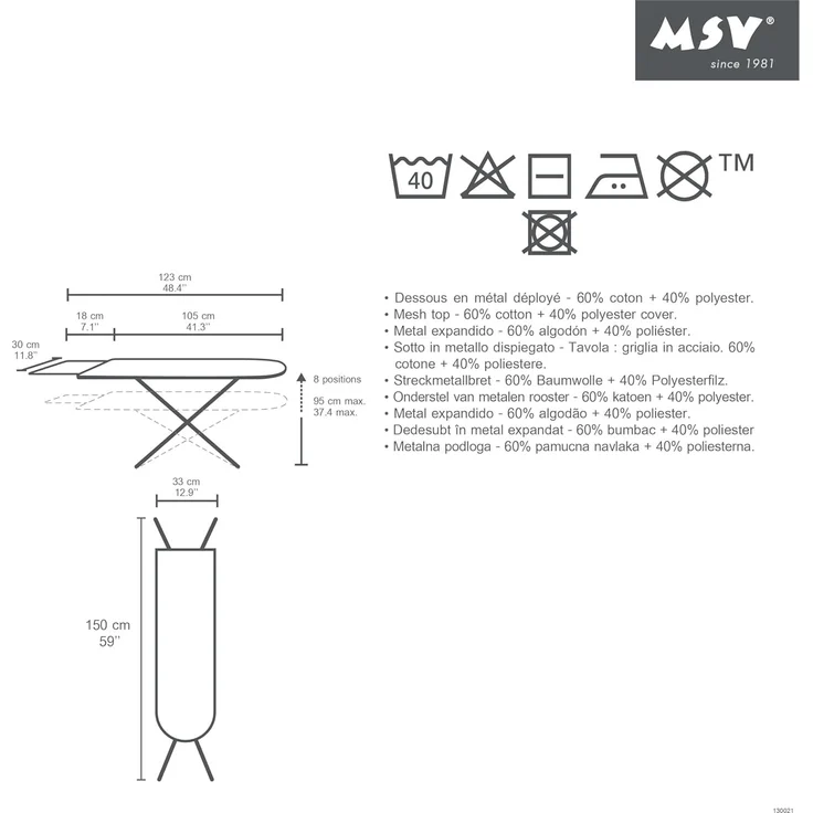 MSV Bügelbrett Bügeltisch Ärmelbrett Bügelablage 10xHöhenverstellbar 105 x 33 x 90 cm – Bild 8