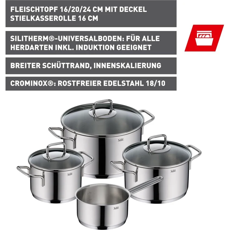 Silit Topf-Set Extra Cook Induktion, Kochgeschirr-Set mit Glasdeckel, Innenskalierung, Edelstahl 18/10 (Set, 7-tlg, 3x Kochtöpfe 16/20/24 cm mit Deckel, 1x Stielkasserolle 16 cm), SiliTherm Universalboden, breiter Schüttrand, spülmaschinengeeignet – Bild 2