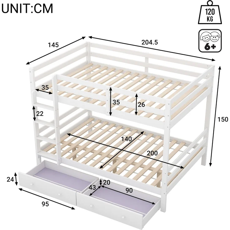 Etagenbett 140x200 cm mit Stauraumschubladen, hohem Sicherheitsgeländer, platzsparend, Treppe,Hochbett für Kinderzimmer, robust und langlebig,weiß – Bild 6