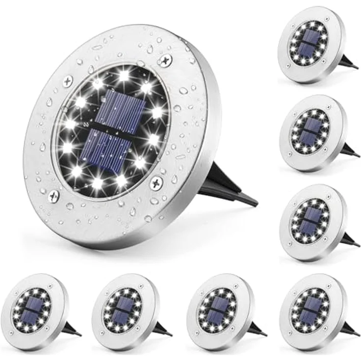 GIGALUMI Solar Bodenleuchte 12 LEDs 8 Stück Solarleuchten Weiß Gartenleuchten Edelstahl Wasserdicht für außen, Garten, Terrasse, Rasen, Hof, Gehweg – Bild 2
