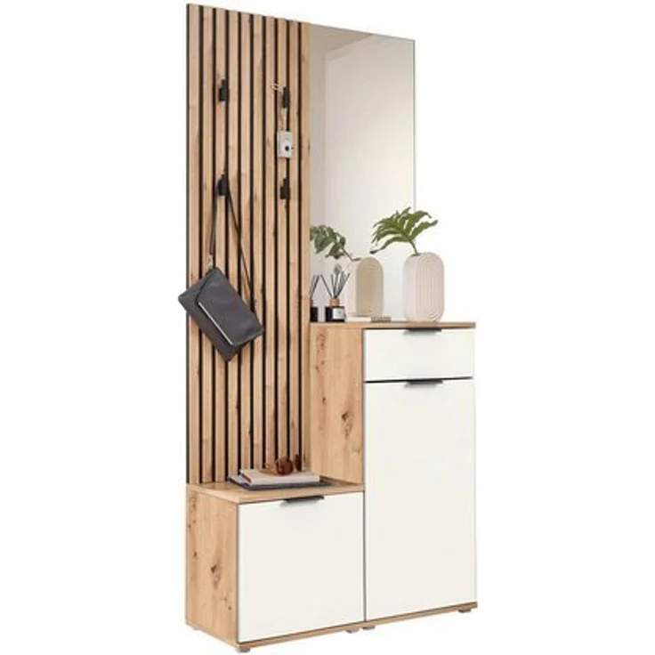 moebel-dich-auf Kompaktgarderobe EASY (Paneel + Bank + Spiegel + Schuhschrank, in 2 Farbvarianten, Lamellenoptik) 88 cm breit – Bild 4
