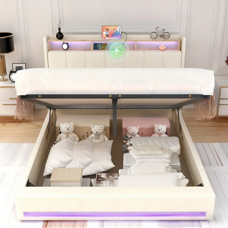 oyajia Polsterbett Doppelbett mit LED Licht 140x200cm,Hydraulisch anhebbarer Stauraumbett (Mit Lattenrost und Ladefunktion, Leinenmaterial Polsterbettt), Modernes Jugendbett, Leises Design Bett, Max. Belastbarkeit 350 kg – Bild 3