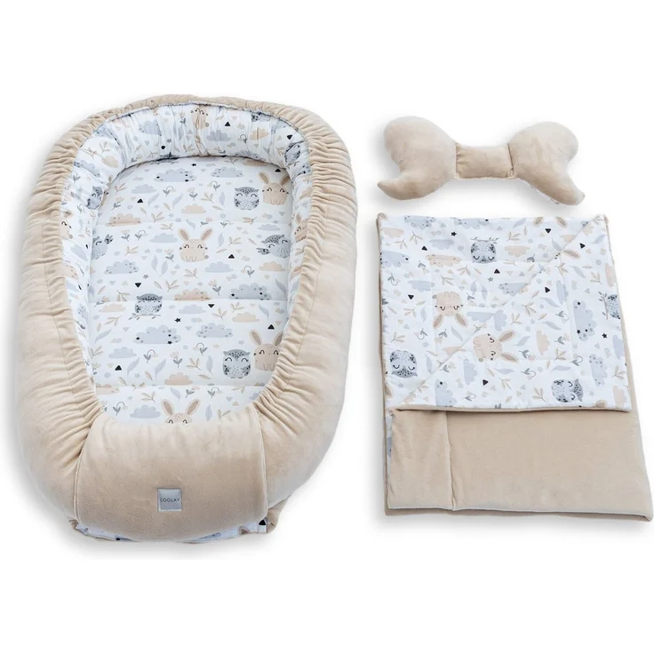 Loolay Kuschelnest BABYNEST + DECKE + Kissen Babyausstattung Baumwolle & Samt Velours, (MUSTER: BEIGE Samt Velour/ HASE EULE, 3-tlg, Liebevoll handgefertigt Nestchen! Geborgenheit Komfort für Neugeborene), Premium Ausstattung - 100% Europäische Stoffe ... – Bild 2