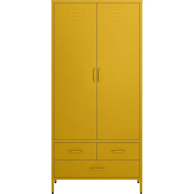 skølm 'Atria' Kleiderschrank mit 3 Schubladen, Metall, 170x45x80 cm, senfgelb, Garderobe mit 4 Fächern und 2 Kleiderstangen – Bild 10