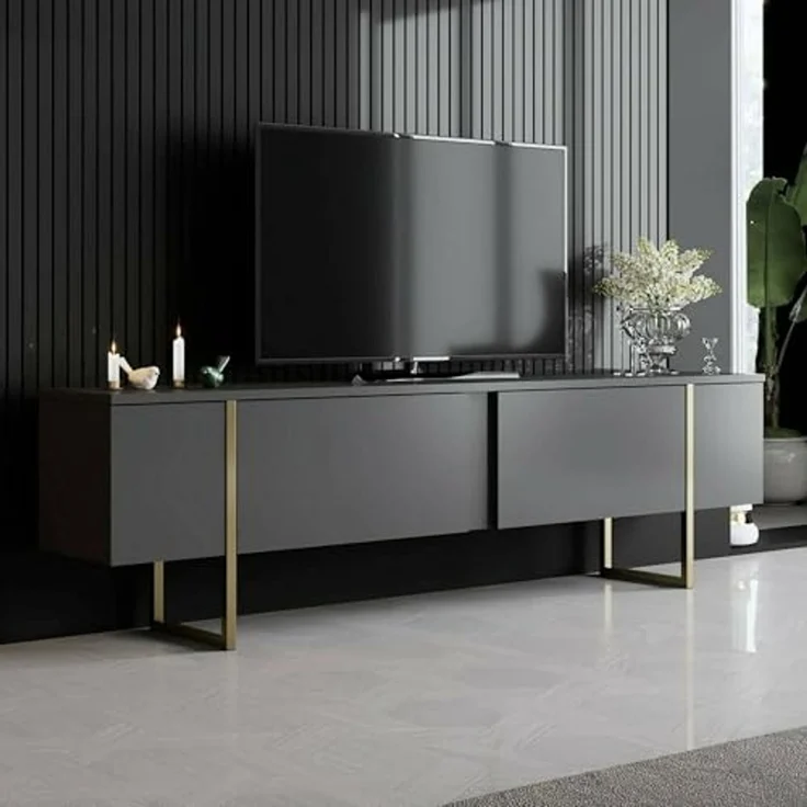 Dmora - Fernsehschrank Centaurus, Ständer für Wohnzimmerfernseher, Niedriges Wohnzimmer-Sideboard, TV-Ständerbasis, 180x30h50 cm, Anthrazit und Gold – Bild 1