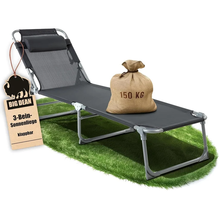 BigDean Sonnenliege klappbar mit Kopfkissen extra hoch dunkelgrau 150 kg belastbar - hochwertige Gartenliege für Balkon, Garten & Strand – Bild 1