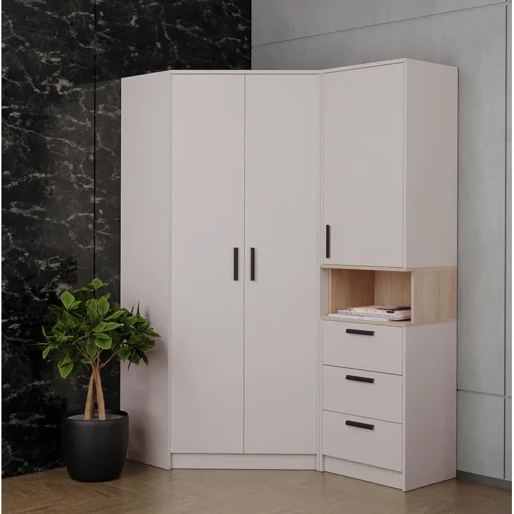 Marmex Möbel Grant 15C Ein modernes Schlafzimmer-Set, Jugendzimmer-Set, Eckkleiderschrank und Bücherregal, laminierte Spanplatte, graubeige cashmere+cremona torro, 143x195x91 cm