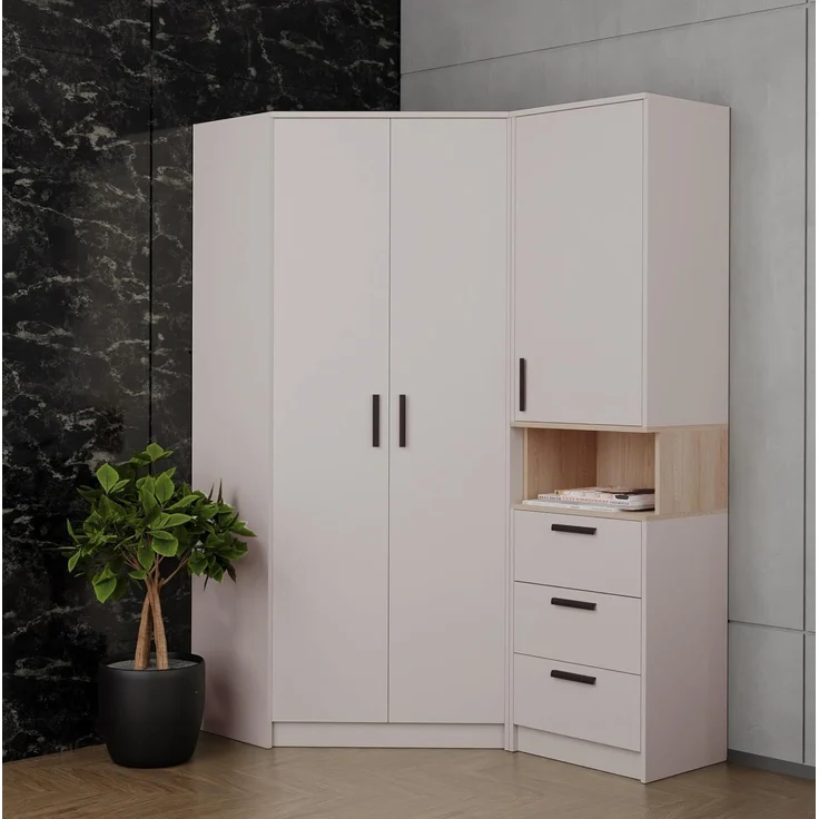 Marmex Möbel Grant 15C Ein modernes Schlafzimmer-Set, Jugendzimmer-Set, Eckkleiderschrank und Bücherregal, laminierte Spanplatte, graubeige cashmere+cremona torro, 143x195x91 cm – Bild 1