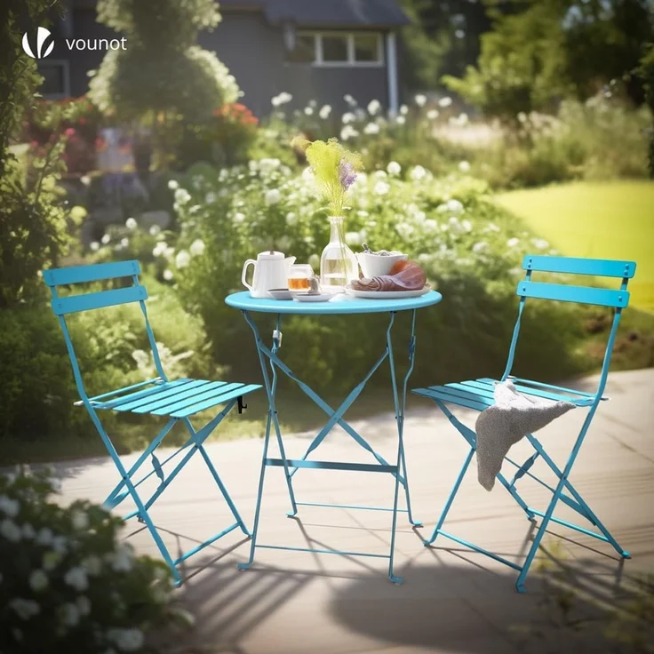 VOUNOT Bistroset 3-teilig, Klappbar Bistrotisch mit 2 Stühlen, Gartenmöbel Set Balkonset Gartengarnitur, Sitzgruppe Metall, Bistro Set Outdoor, Blau – Bild 2