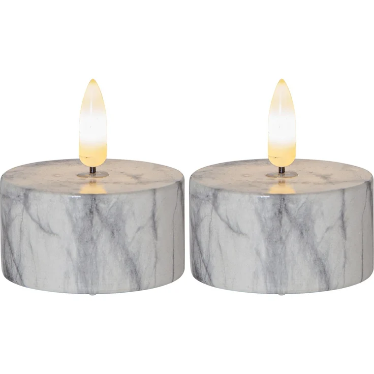 Beton-Kerzen ,Flamme Marble', 2er Set Teelichter in Marmor-Optik, Batterie + Timer, warmweiß, Ø 5,5cm – Bild 1