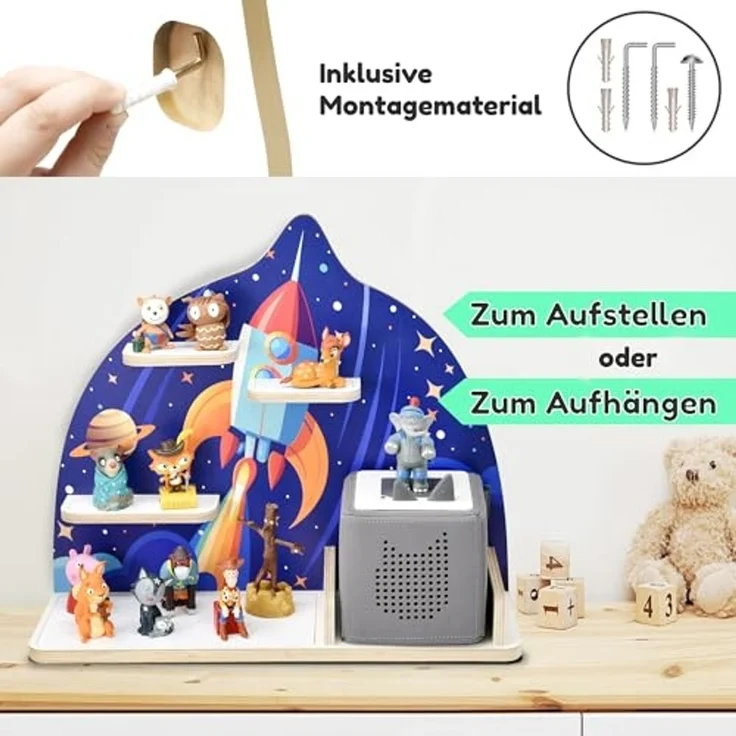 stadtecken Kinder Regal für Musikbox I Geeignet für die Toniebox und ca. 35 Tonies I Perfekte Aufbewahrung für Kinderzimmer I zum Aufstellen oder Aufhängen (Rakete, Mittel) – Bild 3