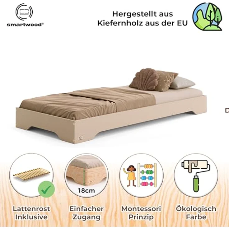 smartwood Kinderbett 140x200 Kaschmir - Bodenbett aus Kiefernholz mit FSC-Zertifikat - Montessori Bett mit geradem Lattenrost bis zu 300 kg für Jungen und Mädchen - Einfache Montage - TILA 7 – Bild 3